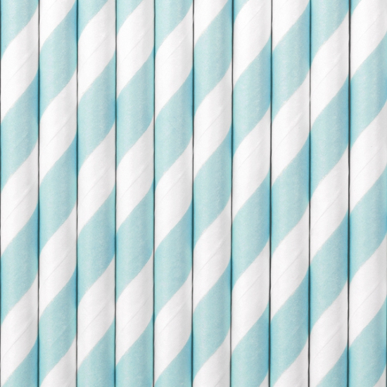 10 Strohhalme - Papier - weiß - hellblau - gestreift - 19,5 cm