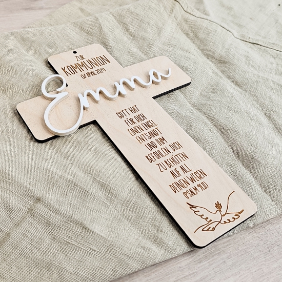 Holzkreuz mit Gravur verschiedene Verse und Motive zur Auswahl Kommunion