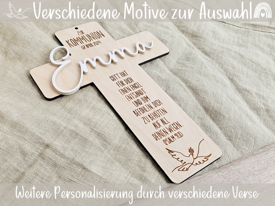 Holzkreuz mit Gravur verschiedene Verse und Motive zur Auswahl Kommunion