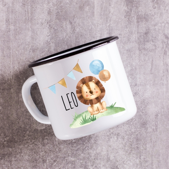 Emaille Tasse zweiseitig hochwertig bedruckt Tasse Becher Löwe mit Ballons Safari - Personalisiert