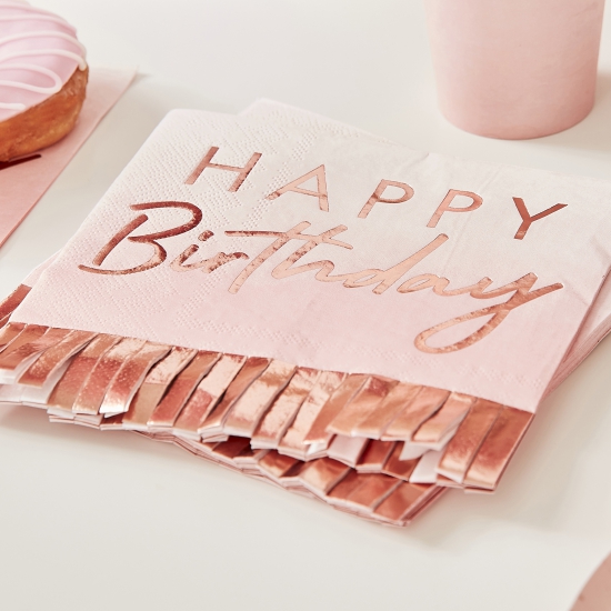 Ginger Ray - Papierservietten Happy Birthday in roségold rosa mit Fransen