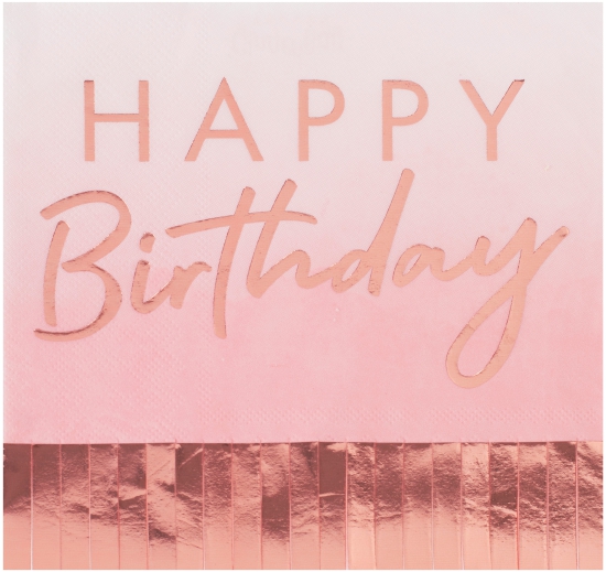 Ginger Ray - Papierservietten Happy Birthday in roségold rosa mit Fransen