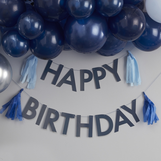 Ginger Ray - Blaue Happy Birthday Buchstabengirlande mit Quasten