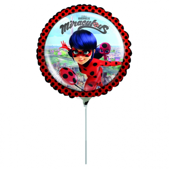 Folienballon am Stab - luftgefüllt - Miraculous - Ladybug - rund - 22,8 cm