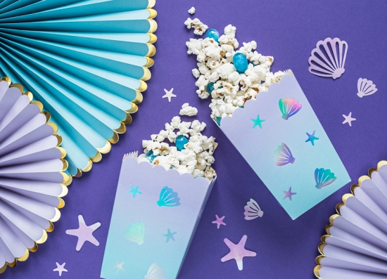 6 Snack - Popcorn - Boxen - Muscheln und Seesterne - irisierend - schimmernd - Pappe