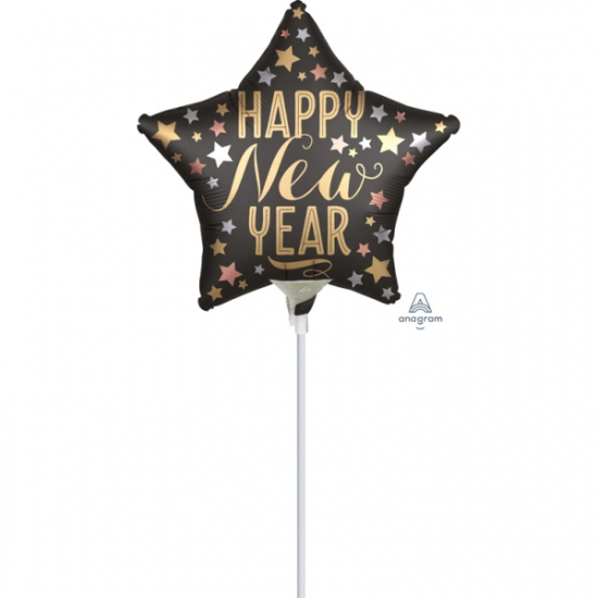 Folienballon am Stab - luftgefüllt - "Happy New Year" - Silvester - Stern