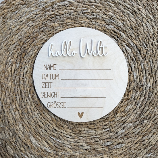 Meilensteinkarte Karte aus Holz Hallo Welt Acryl mit Name und Geburtsdaten