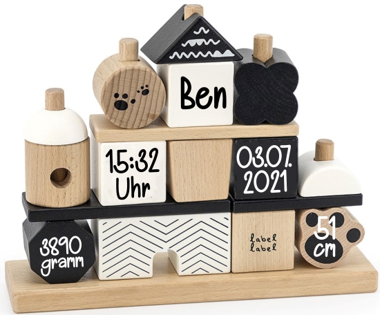 Label Label - Holz - Steckspiel - Traumhaus - Panda - Weiß - Schwarz- personalisierbar