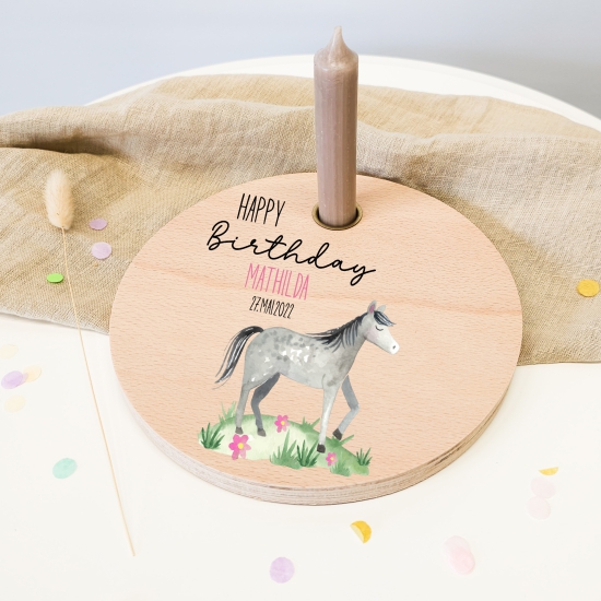 Personalisierter Geburtstagsteller Kerzenhalter Pferd Pony hochwertig bedruckt
