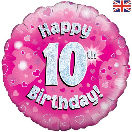 Folienballon - Happy Birthday - "10" - Glitzerregen - pink - 45,7 cm