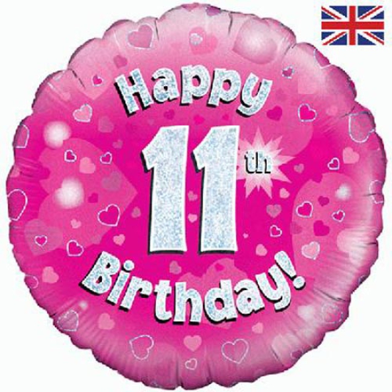 Folienballon - Happy Birthday - "11" - Glitzerregen - pink - 45,7 cm