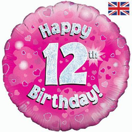 Folienballon - Happy Birthday - "12" - Glitzerregen - pink - 45,7 cm