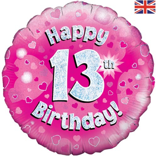 Folienballon - Happy Birthday - "13" - Glitzerregen - pink - 45,7 cm