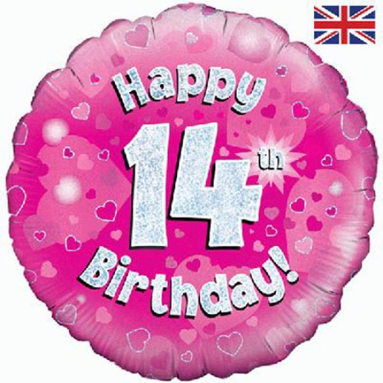 Folienballon - Happy Birthday - "14" - Glitzerregen - pink - 45,7 cm