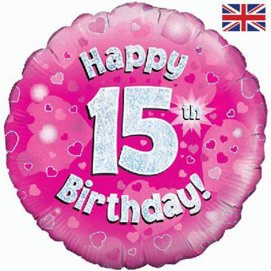 Folienballon - Happy Birthday - "15" - Glitzerregen - pink - 45,7 cm