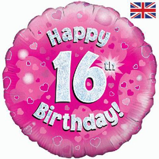 Folienballon - Happy Birthday - "16" - Glitzerregen - pink - 45,7 cm