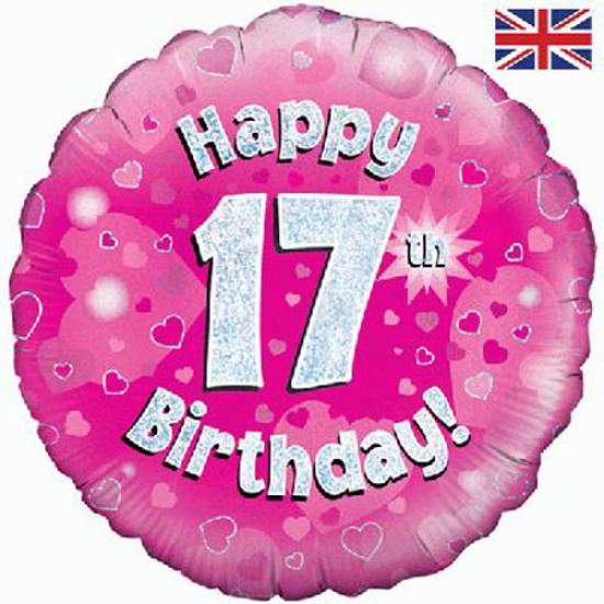 Folienballon - Happy Birthday - "17" - Glitzerregen - pink - 45,7 cm