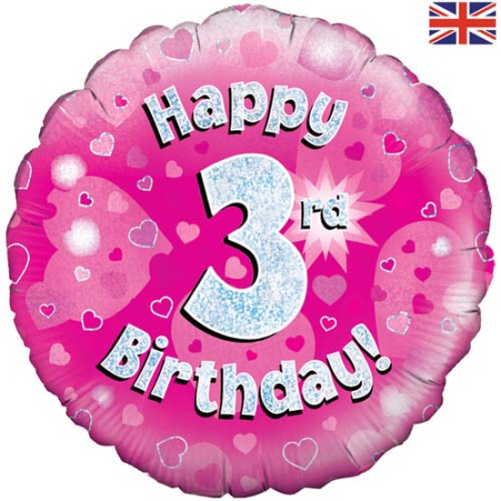 Folienballon - Happy Birthday - "3" - Glitzerregen - pink - 45,7 cm