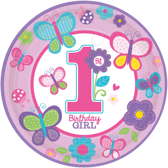 8 Pappteller -Süßer 1.Geburtstag - 1st Birthday - Girl -  Schmetterlinge - Blumen - 22,9 cm