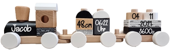 Label Label - Holz - Steckspiel - Zug - Weiß - Schwarz- personalisierbar