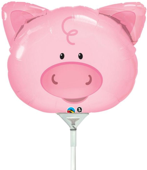Folienballon am Stab - luftgefüllt - rosa Schweinchen - 35,56 cm