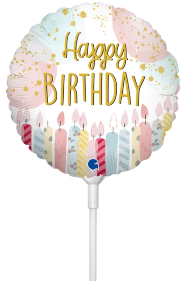 Folienballon am Stab - luftgefüllt - Happy Birthday - Pastellige Kerzen - 22 cm