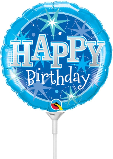 Folienballon am Stab - luftgefüllt - Happy Birthday - blauer Funkenregen - 23 cm