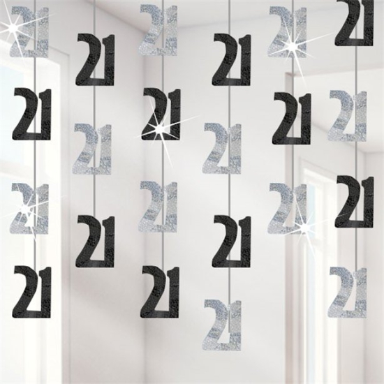 6 Hänge-Girlanden - 21. Geburtstag - Happy Birthday - schwarz/silber 152 cm