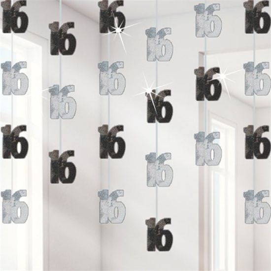 6 Hänge-Girlanden - 16. Geburtstag - Happy Birthday - schwarz/silber 152 cm
