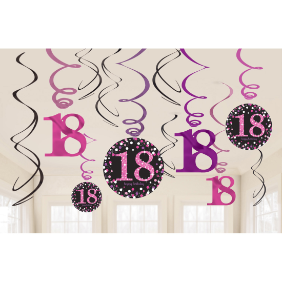 12 Hängedeko Spiralen Strahlender Geburtstag Happy Birthday "18" pink