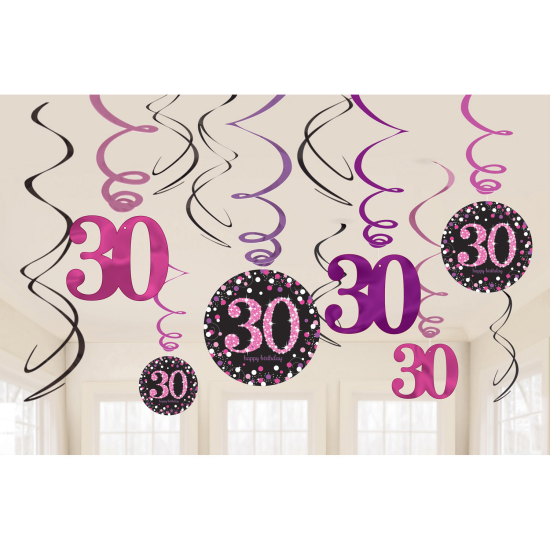 12 Hängedeko Spiralen Strahlender Geburtstag Happy Birthday "30" pink