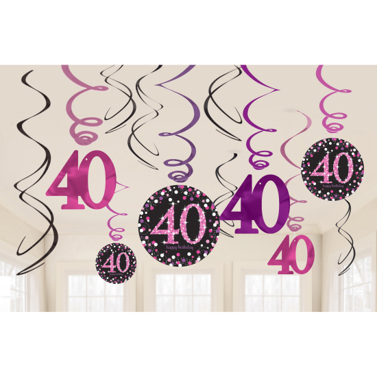 12 Hängedeko Spiralen Strahlender Geburtstag Happy Birthday "40" pink