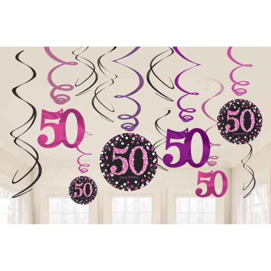 12 Hängedeko Spiralen Strahlender Geburtstag Happy Birthday "50" pink