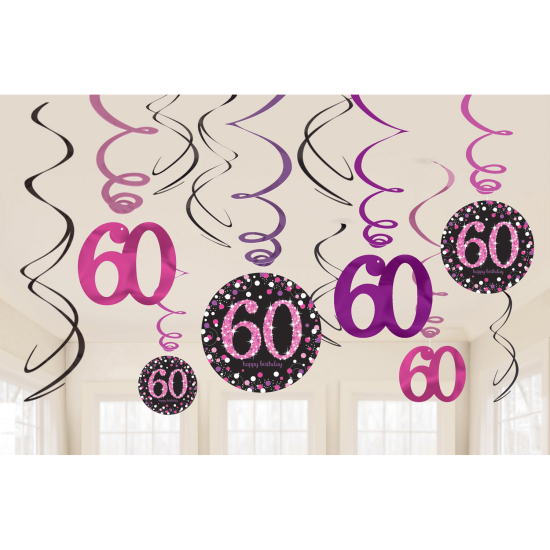 12 Hängedeko Spiralen Strahlender Geburtstag Happy Birthday "60" pink