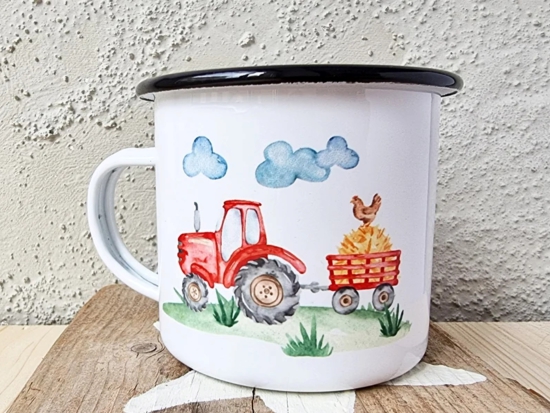 Emailletasse Emaille-Tasse Tasse Bauernhof Traktor Trecker Schwein Emaille zweiseitig bedruckt