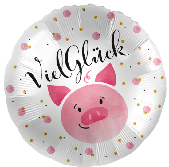 Folienballon - "Viel Glück  Schweinchen - rund - satin - 43 cm