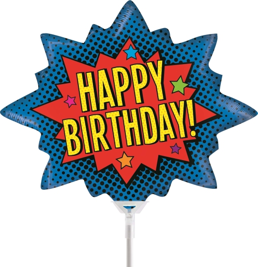 Folienballon am Stab - luftgefüllt - Happy Birthday - Superhero - Superhelden - 35 cm