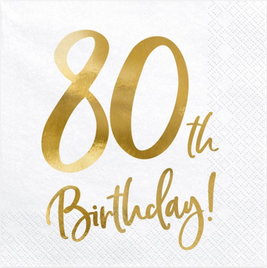 20 Servietten - "Happy 80th Birthday" - Goldener Geburtstag - 33 x 33 cm