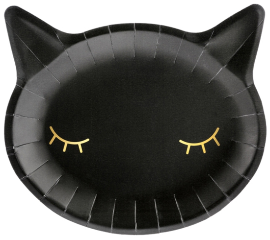 6 Pappteller - Halloween - schwarze Katze mit goldenen Wimpern - 22 x 20 cm