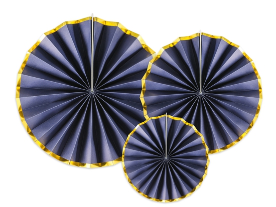 3 Deko - Rosetten - Dekofächer - dunkelblau mit Goldrand