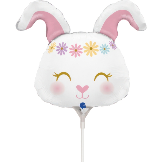 Folienballon am Stab - luftgefüllt - süßer Hase mit Blumenkranz - 35 cm