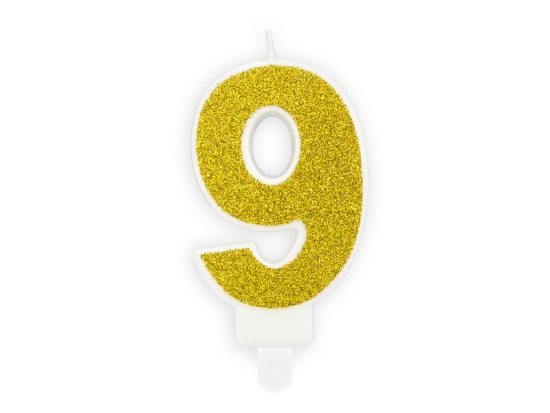 Tortenkerze - Zahlenkerze - Glitter - gold  - "9" - 7 cm