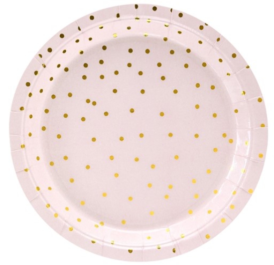 6 - Pappteller - rosa - mit goldenen Punkten - 18 cm