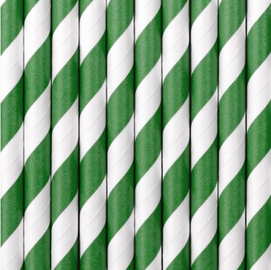 10 Strohhalme - Papier - weiß - dunkelgrün - gestreift - 19,5 cm