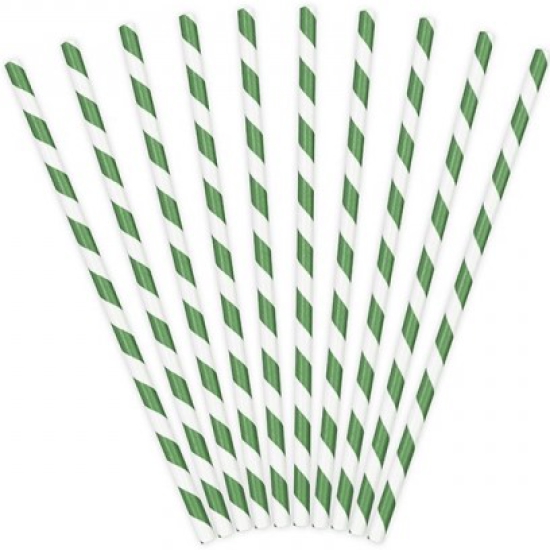 10 Strohhalme - Papier - weiß - dunkelgrün - gestreift - 19,5 cm