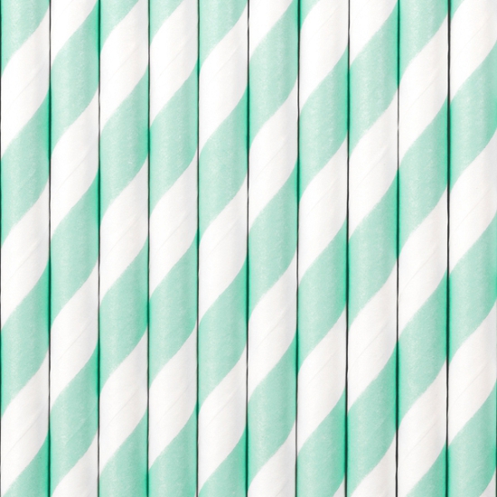 10 Strohhalme - Papier - weiß - himmelblau - gestreift - 19,5 cm