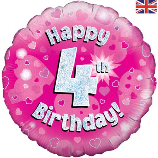 Folienballon - Happy Birthday - "4" - Glitzerregen - pink - 45,7 cm