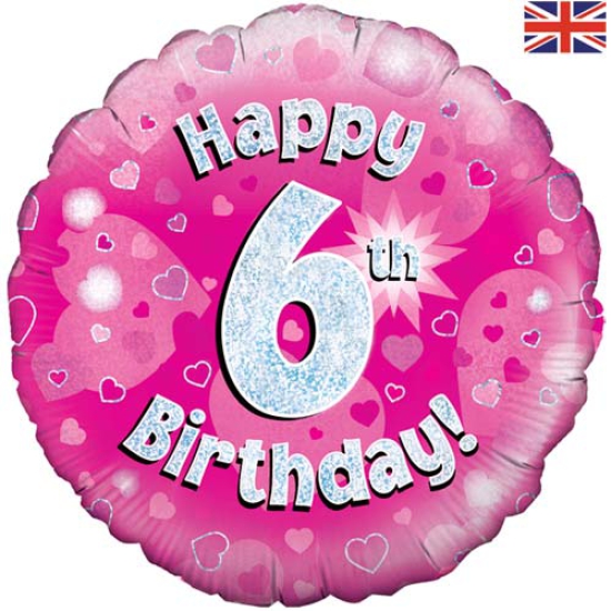 Folienballon - Happy Birthday - "6" - Glitzerregen - pink - 45,7 cm