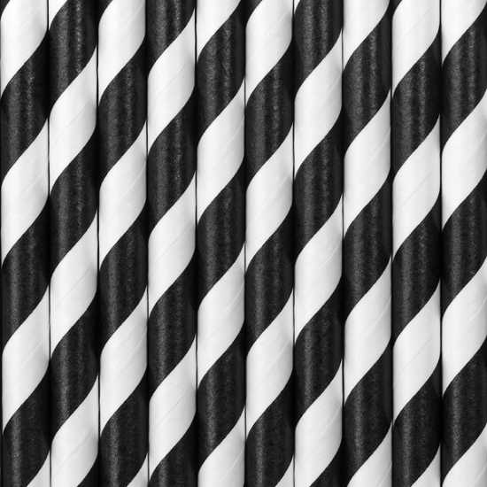 10 Strohhalme - Papier - weiß - schwarz - gestreift - 19,5 cm