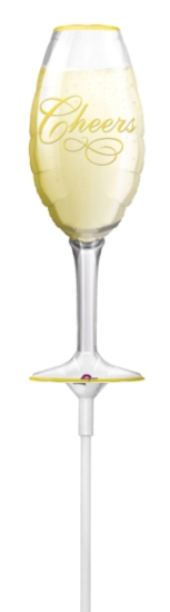 Folienballon am Stab - luftgefüllt - Sektglas - "Cheers" - 35 cm